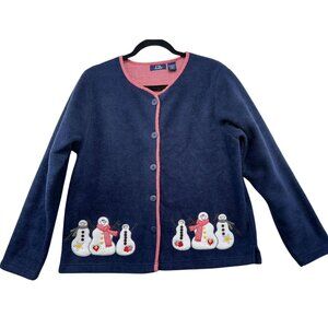 C.B. Casual Womens Snowman Button-Up Cardigan Sweater Medium Navy